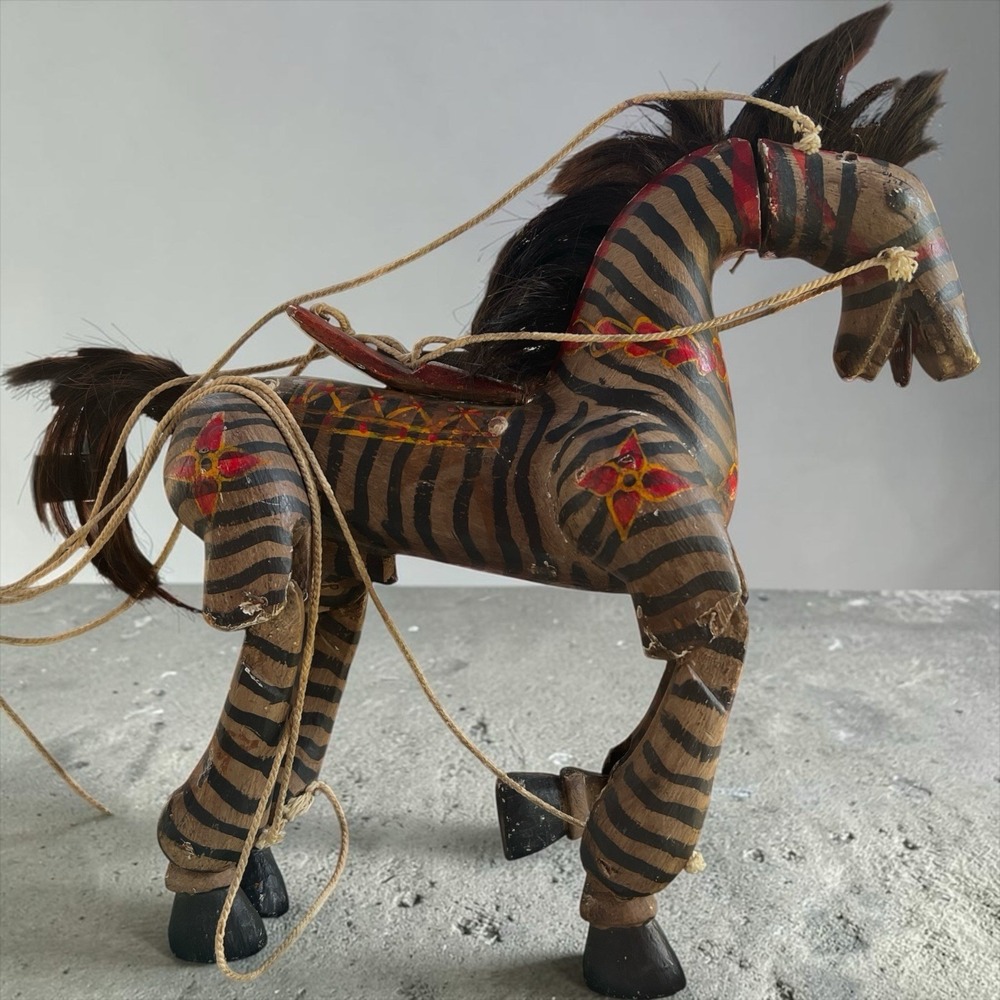 Vintage Hand Carved Wooden Horse Marionette Puppet Zebra Folk Art Decor
